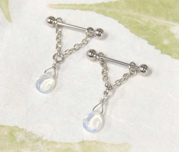 Opalite Sea Glass Teardrop Nipple Rings 14g Surgical Steel Nipple