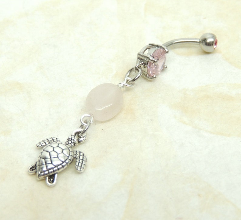 Turtle Belly Button Ring with Rose Quartz Dangle Belly Ring Turtle Lover Belly Button Jewelry Cute Belly Ring