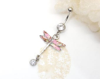 Pink Abalone Dragonfly Belly Ring, Belly Button Jewelry, Dragonfly Jewelry, Navel Rings