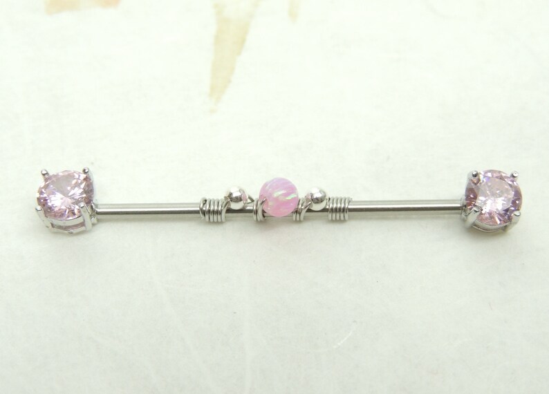 Industrial Piercings Pink Gem Wire Wrapped Industrial Barbell Scaffold Ear Earring 14g Surgical Steel Body Jewelry