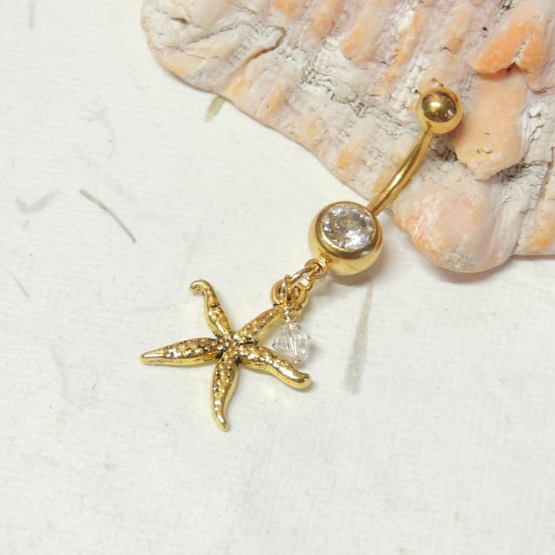 Gold Starfish Belly Button Ring, Dangle Belly Ring, Gold Belly Ring, Starfish Jewelry, Nautical Beach Belly Ring image 8