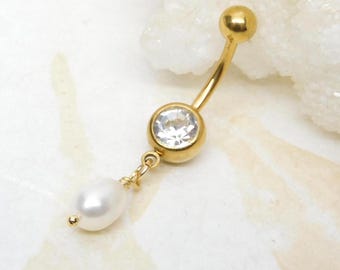 White Pearl Belly Ring You Choose Finish, Belly Button Jewelry, Dangle Belly Ring, Nautical Beach Ocean, Pearl Jewelry, Gold Belly Ring