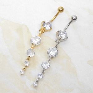 Sparkle Dangle Belly Ring You Choose Gold or Silver and Barbell Style, CZ Dangle Belly Ring, Prong Set Barbell, Pretty Belly Ring