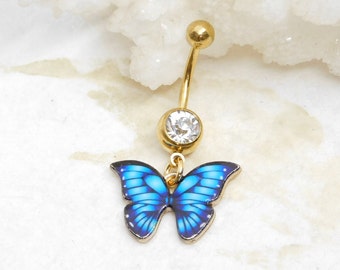Blue Butterfly Belly Ring, Gold Belly Ring, 14g Surgical Steel Belly Bar, Butterfly Jewelry, Navel Jewelry