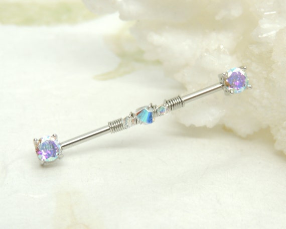 Aurora Borealis Wire Wrapped Industrial Barbell, Scaffold Ear Earring, Industrial Piercings, 14g Surgical Steel Body Jewelry