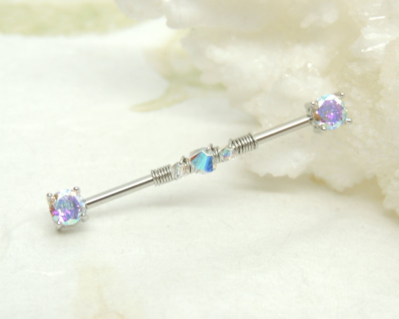 Aurora Borealis Wire Wrapped Industrial Barbell, Scaffold Ear Earring, Industrial Piercings, 14g Surgical Steel Body Jewelry 画像 1