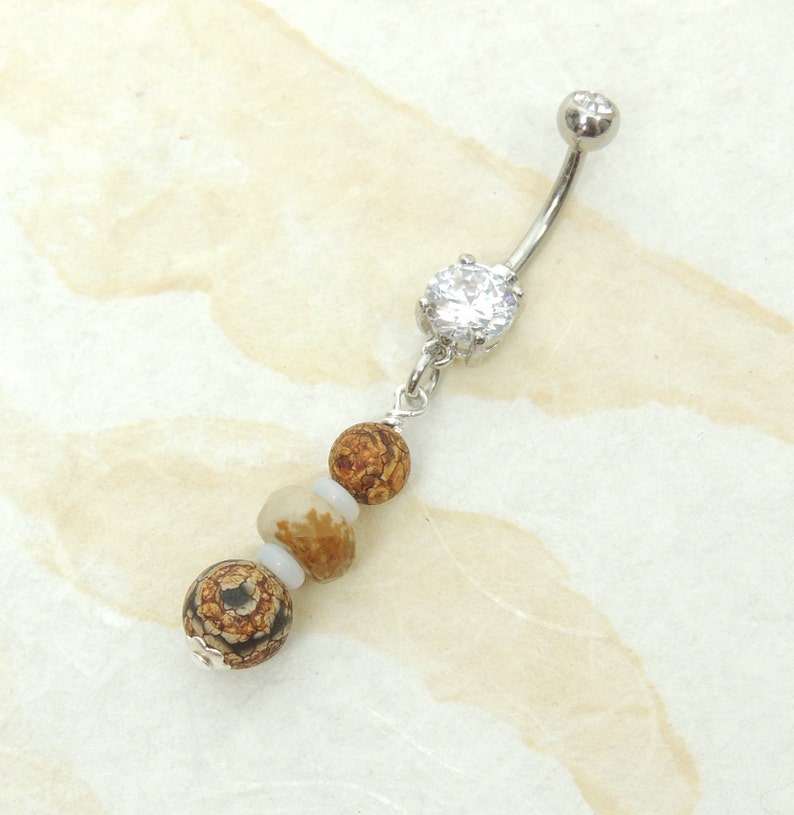 14g Prong Set Belly Ring Brown Agate Picture Jasper Belly Ring Body Jewelry Handcrafted Belly Ring