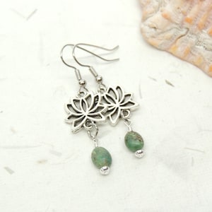 Turquoise Lotus Flower Dangle Earring, Lotus Flower Earrings, Handcrafted Jewelry, Flower Earrings