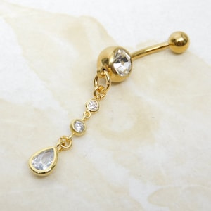 Golden CZ Sparkle Teardrop Belly Ring, Gold Belly Ring, 14g Body Jewelry, Belly Bar Navel Ring