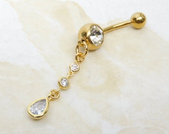 Golden CZ Sparkle Teardrop Belly Ring, Gold Belly Ring, 14g Body Jewelry, Belly Bar Navel Ring