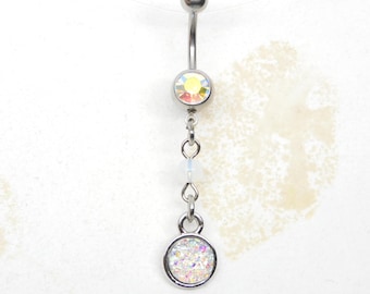 Druzy Dangle Belly Ring You Choose Barbell Color, Body Jewelry, Gift for Her, Navel Jewelry, 14g