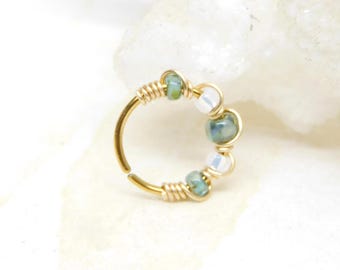 Seafoam Green Picasso Bead Nose Hoop Ring, Modern Beaded Nose Ring, Tragus Hoop Earring, Conch Hoop Earring, 20g, Boho Jewelry