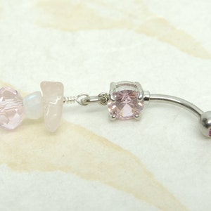 Rose Quartz Gemstone Dangle Belly Ring, Natural Stone Belly Ring, Handcrafted Belly Ring, 14g Prong Set