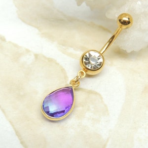 Purple Blue Ombre Quartz Gold Belly Ring, Teardrop Belly Ring, Dangle Belly Ring, Gemstone Belly Ring, Gold Belly Navel Piercing