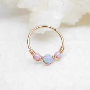 Rose Gold Lavender Opal Beaded Cartilage Hoop, Septum Nose Ring Hoop, Helix Daith Orbital Piercing, Seamless Hoops, Opal Body Jewelry