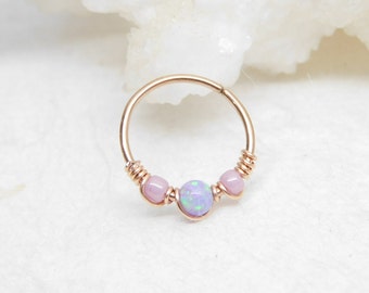 Rose Gold Lavender Opal Beaded Cartilage Hoop, Septum Nose Ring Hoop, Helix Daith Orbital Piercing, Seamless Hoops, Opal Body Jewelry