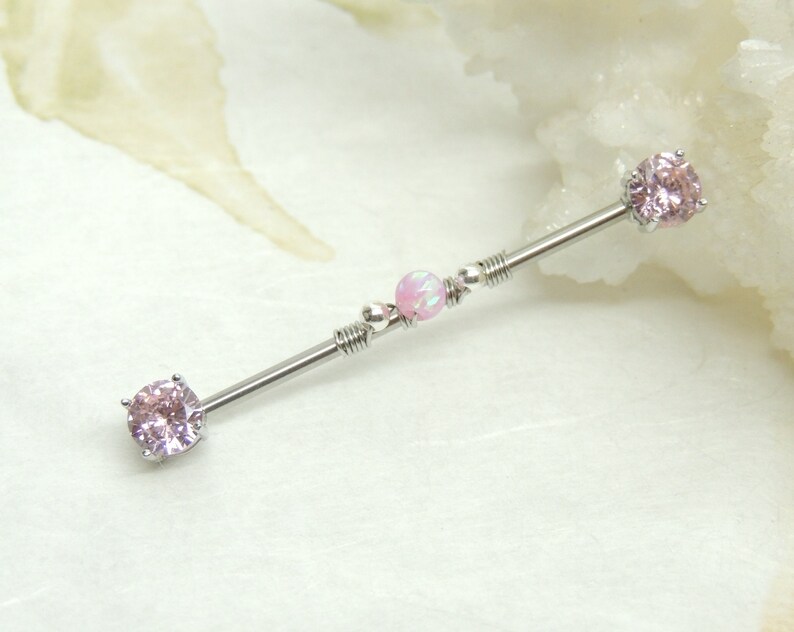 Industrial Piercings Pink Gem Wire Wrapped Industrial Barbell Scaffold Ear Earring 14g Surgical Steel Body Jewelry