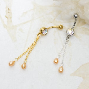 Apricot Pearl Dangle Belly Ring, Belly Button Jewelry, 14g Curved Barbell, Navel Ring, Bridal Body Jewelry