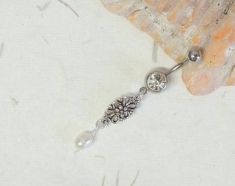 Pearl Dangle Belly Ring, Belly Button Jewelry, Dangle Belly Ring, White Pearl Belly Ring, Bridal Body Jewelry