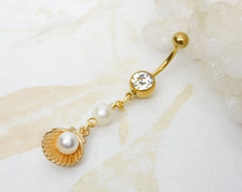 Gold Seashell Pearl Dangle Belly Ring, Nautical Beach Belly Ring, Navel Rings