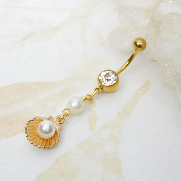 Gold Seashell Pearl Dangle Belly Ring, Nautical Beach Belly Ring, Navel Rings