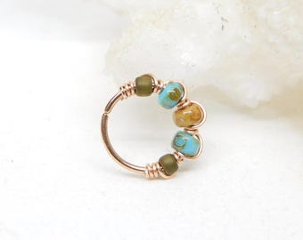 Turquoise Picasso Bead Nose Hoop Ring, Cartilage Conch Hoop Earring, 20g, Boho Jewelry