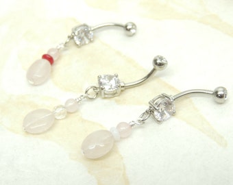 Rose Quartz Gemstone Dangle Belly Ring, Natural Stone Belly Ring, Handcrafted Body Jewelry