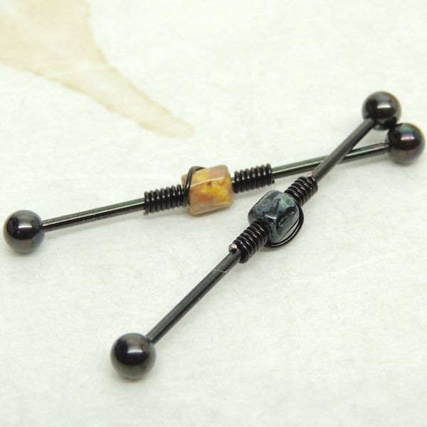 16g Beaded Industrial Barbell, Wire Wrapped Industrial Barbell, Scaffold Upper Ear Cartilage Earring, Black Steel