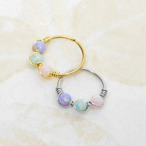 Lavender Green Pink Triple Opal Beaded Cartilage Hoop, Helix Daith Orbital Piercing, Seamless Hoops, Opal Hoop