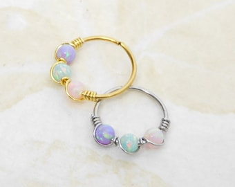 Lavender Green Pink Triple Opal Beaded Cartilage Hoop, Helix Daith Orbital Piercing, Seamless Hoops, Opal Hoop