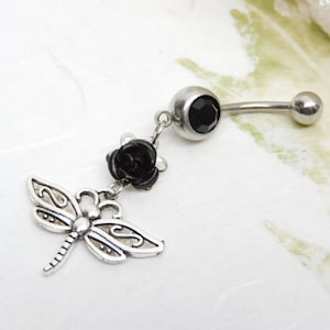Dragonfly Rose Dangle Belly Ring, 14g Surgical Steel Belly Ring, Belly Button Navel Piercing, Body Jewelry, Piercings