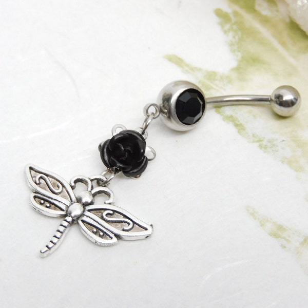 Dragonfly Rose Dangle Belly Ring, 14g Surgical Steel Belly Ring, Belly Button Navel Piercing, Body Jewelry, Piercings