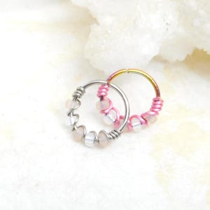 Pink Mist Snug Fitting Nose Hoop Ring, 20g 8mm 10mm Seamless Hoop, Nose Ring with Beads, Cartilage Hoop Earring, Bohemian Nose Jewelry,