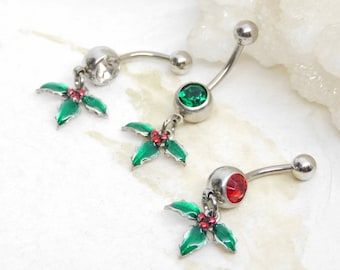 Christmas Holly Belly Ring, Christmas Belly Ring, Holiday Belly Ring, Christmas Jewelry, Stocking Stuffer