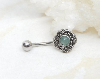 Green Aventurine Vintage Floral Belly Ring with Custom Bar Length, Gemstone Belly Ring, Navel Rings, Simple Belly Ring, Body Jewelry