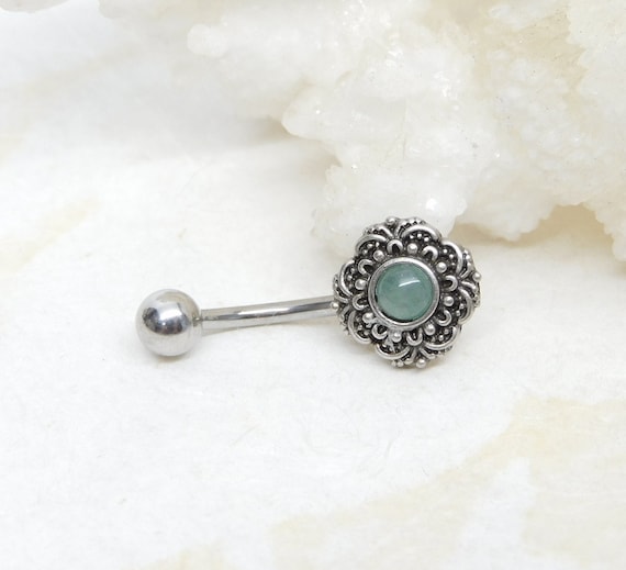 Green Aventurine Vintage Floral Belly Ring with Custom Bar Length, Gemstone Belly Ring, Navel Rings, Simple Belly Ring, Body Jewelry