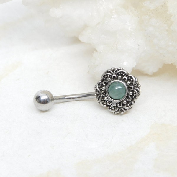 Green Aventurine Vintage Floral Belly Ring with Custom Bar Length, Gemstone Belly Ring, Navel Rings, Simple Belly Ring, Body Jewelry
