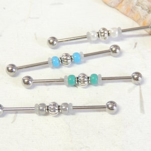 14g Beaded Industrial Barbell You Choose Bead Style and Color, Upper Ear Cartilage, Scaffold Piercing, Industrial Piercings