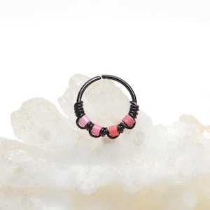Pretty Pink Snug Fitting Nose Hoop Ring, Nose Ring with Beads, Cartilage Hoop Earring, Bohemian Nose Jewelry, 20g 8mm 10mm Seamless Hoop