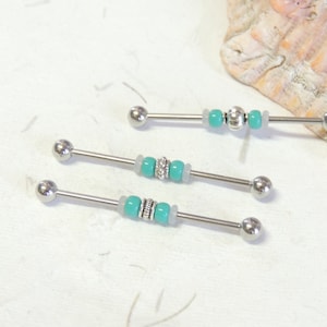 14g Beaded Industrial Barbell You Choose Bead Style and Color, Upper Ear Cartilage, Scaffold Piercing, Industrial Piercings