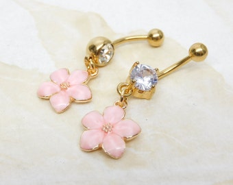 Bauchnabelpiercing mit Blütenblatt, rosa Blume, Sie wählen den Barbell-Stil, goldener Bauchnabelpiercing, 14 g Chirurgenstahl-Bauchpiercing