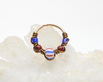 Red White Blue Beaded Nose Ring, Wire Wrapped Hoop, Tragus Helix Orbital Piercing, Seamless Hoops