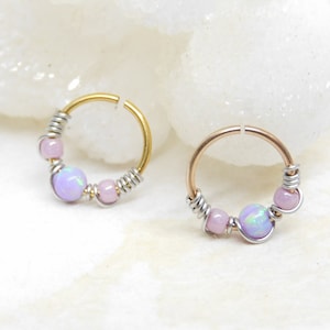 Lavender Opal Beaded Cartilage Hoop, Septum Nose Ring Hoop, Helix Daith Orbital Piercing, Seamless Hoops, Opal Body Jewelry image 6