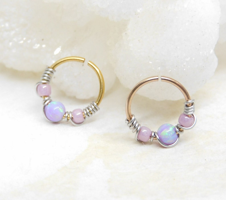 Lavender Opal Beaded Cartilage Hoop, Septum Nose Ring Hoop, Helix Daith Orbital Piercing, Seamless Hoops, Opal Body Jewelry image 6