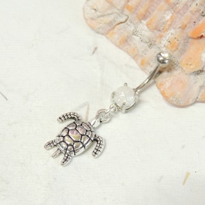 Turtle Belly Ring with White Opal Sparkle Barbell, Dangle Belly Ring, Turtle Lover, Cute Belly Ring, Nautical Beach