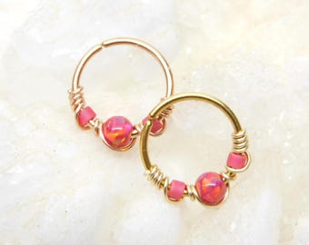 Cranberry Opal Beaded Cartilage Hoop, Septum Nose Ring Hoop, Tragus Helix Hoop, Seamless Hoops, Opal Body Jewelry