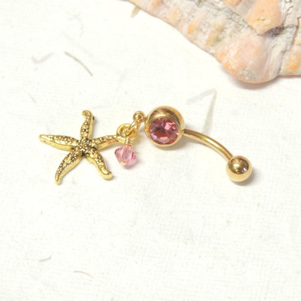 Gold Starfish Belly Button Ring, Dangle Belly Ring, Gold Belly Ring, Starfish Jewelry, Nautical Beach Belly Ring