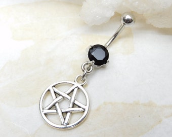 Pentagrama para el ombligo (color de barra a elegir), anillo de ombligo Wiccan, joyería corporal, anillo colgante para el ombligo, anillo de ombligo de plata