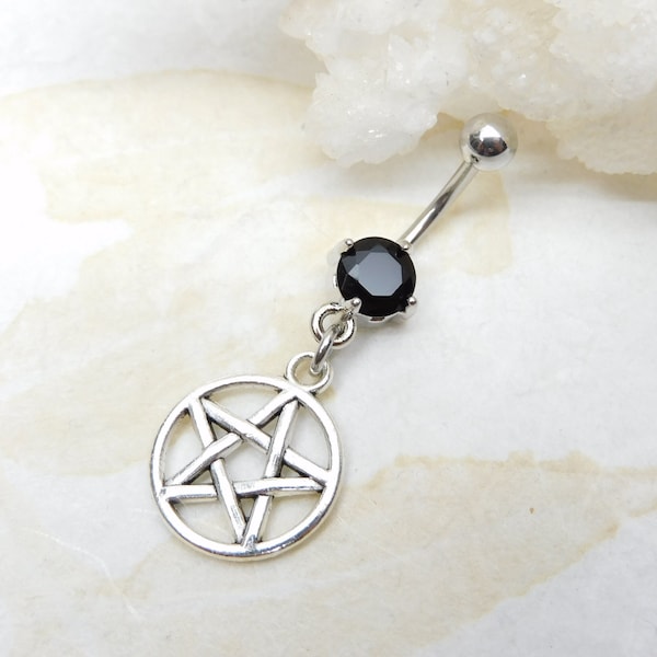 Pentagram Belly Ring You Choose Barbell Color, Wiccan Belly Ring, Body Jewelry, Dangle Belly Ring, Silver Belly Ring