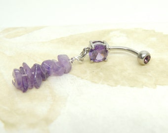 Amethyst Gemstone Dangle Belly Ring, Natural Stone Belly Ring, Handcrafted Body Jewelry